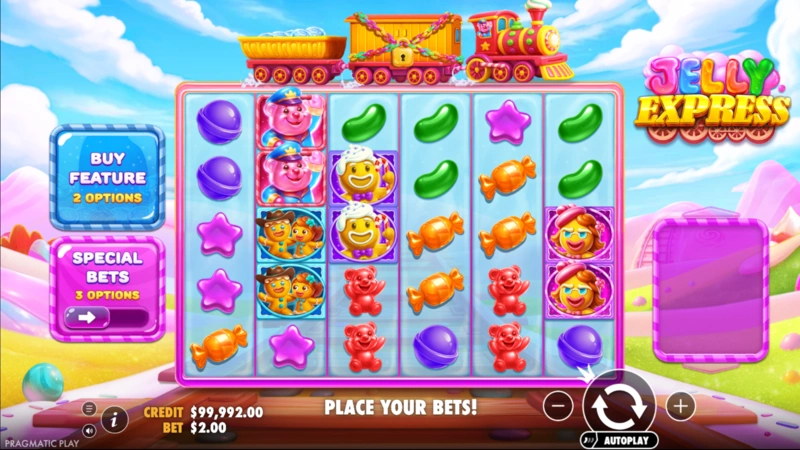 Jelly Express 6x5 slot grid with candy symbols and train theme