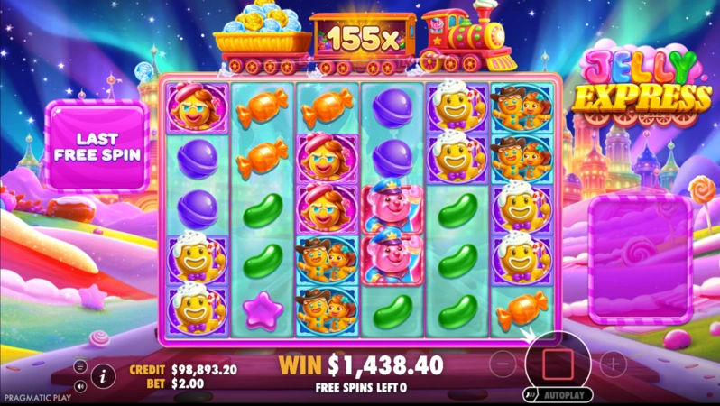 Jelly Express Super Free Spins feature with collected wild multipliers